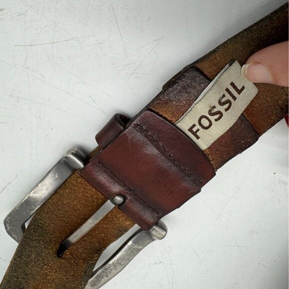 Vintage Fossil Mens Brown Genuine Leather Buckle Belt Size 34 Classic Casual - Picture 6 of 9